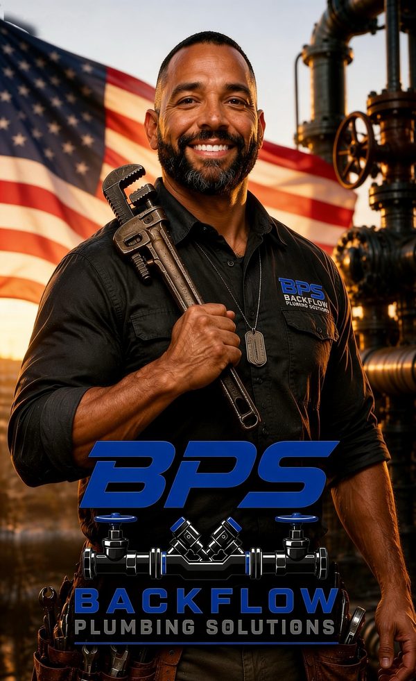 Fernando Mendez, U.S. Army veteran and owner of Backflow Plumbing Solutions, smiling with a pipe wrench and dog tags in front of an American flag, wearing a BPS shirt, with the large Backflow Plumbing Solutions (BPS) logo across the lower half